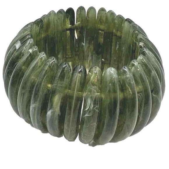 Marbled Green Resin Stretch Cuff Bracelet Chunky Ribbed Bangle Fairycore J-01 - Picture 7 of 7